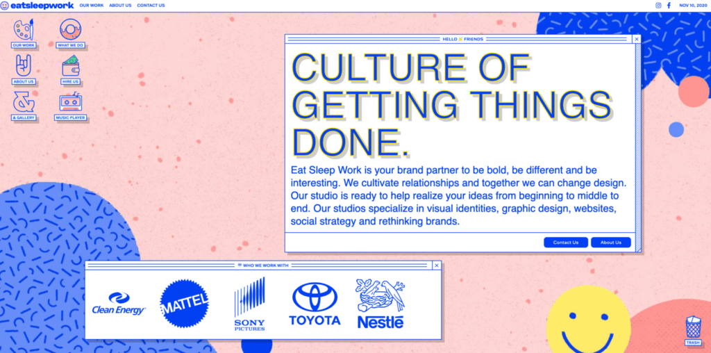 A screenshot of the homepage for Eat Sleep Work, one of the best agency websites