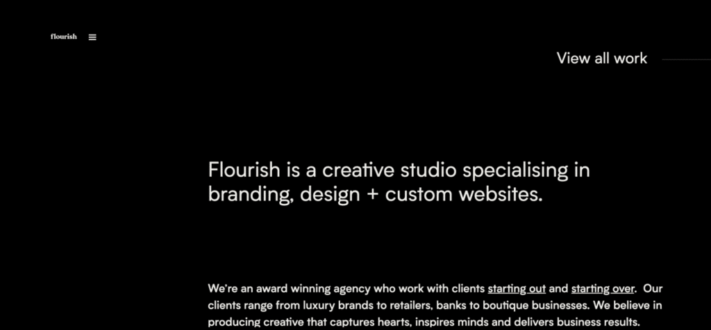 A screenshot of the homepage for Flourish, one of the best agency websites