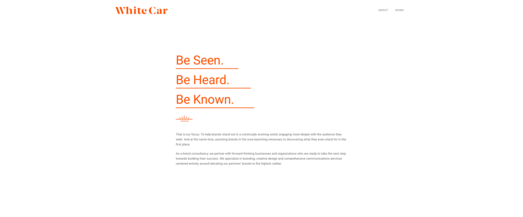 A screenshot of the homepage for White Car, one of the best agency websites