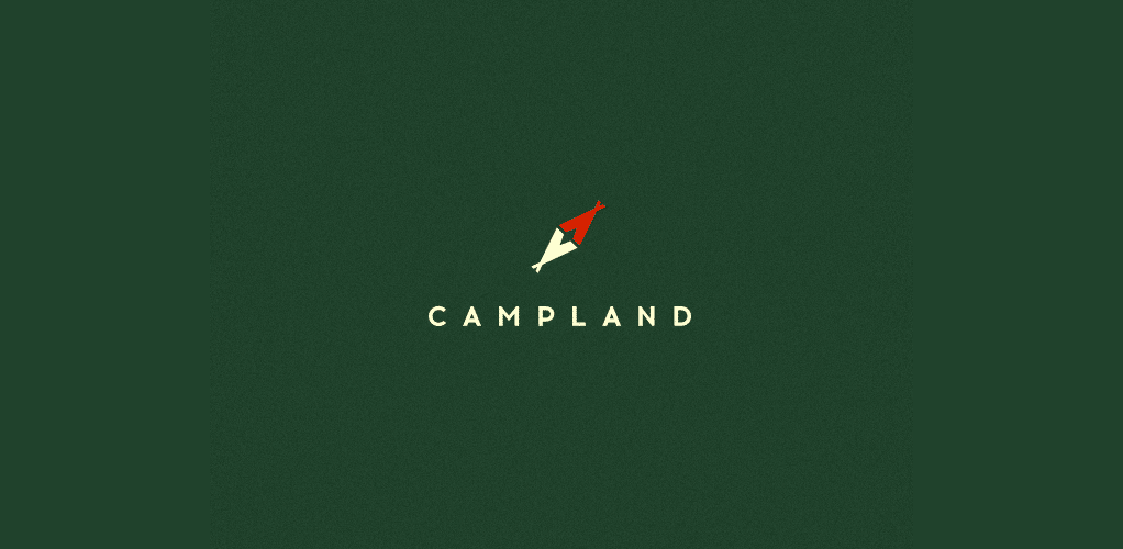 Logo for a company called Campland in which the logo mark is a simplified version of a compass needle