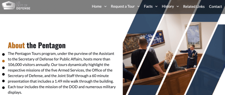 Screenshot from the Pentagon Tours website About page. Three diagonal lines cut across a tour photo as a graphical element