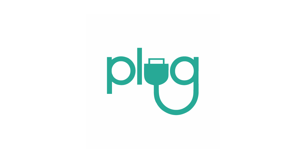 Logo for a company name called Plug in which the letter U is shaped like a plug and the bottom of the lowercase G is connected to it like a cord