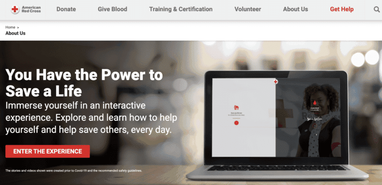 Screenshot from The American Red Cross website that features their iconic "red cross" logo