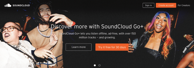 Screenshot from the SoundCloud homepage. Their logo in the left-hand corner is cloud-shaped, the left half of it is comprised of several thin vertical lines as you would see in an audio file