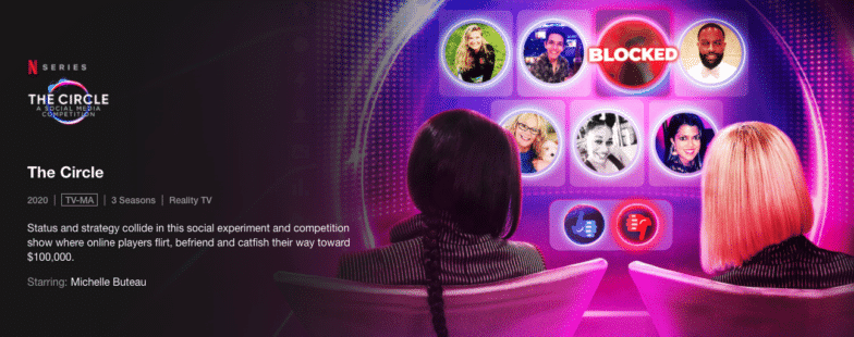 Screenshot from Netflix's main menu page for the show The Circle. The backs of two female figures look at a screen of contestants 