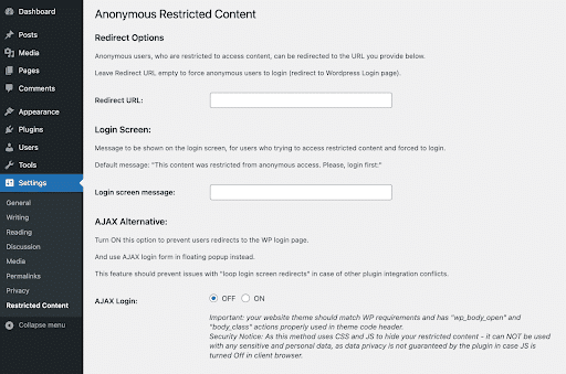 Anonymous Restrict Content plugin Settings page
