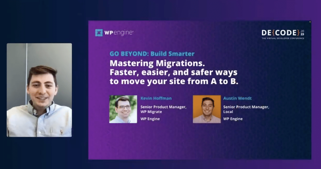 screenshot from DE{CODE} session title slide for Mastering Migrations session. Austin Wendt, speaking, is framed to the left of the slides