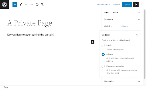 A private page via WordPress 