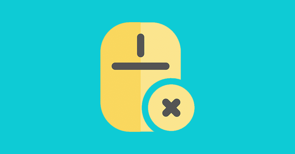 a yellow computer mouse icon on a light blue background. a bubble with an X inside is on the right side of the mouse