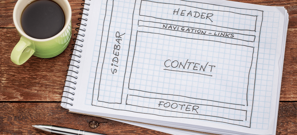 Sketchpad showing design elements of a web page including header, sidebar, and footer