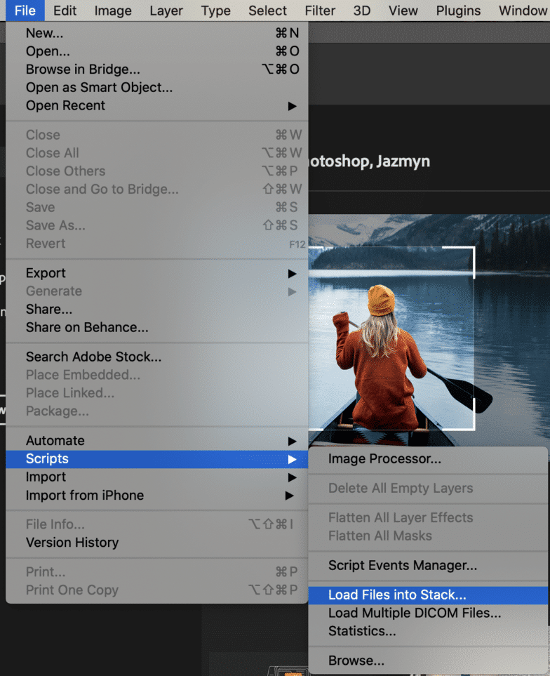 Photoshop settings showing scripts and load files into stack options.