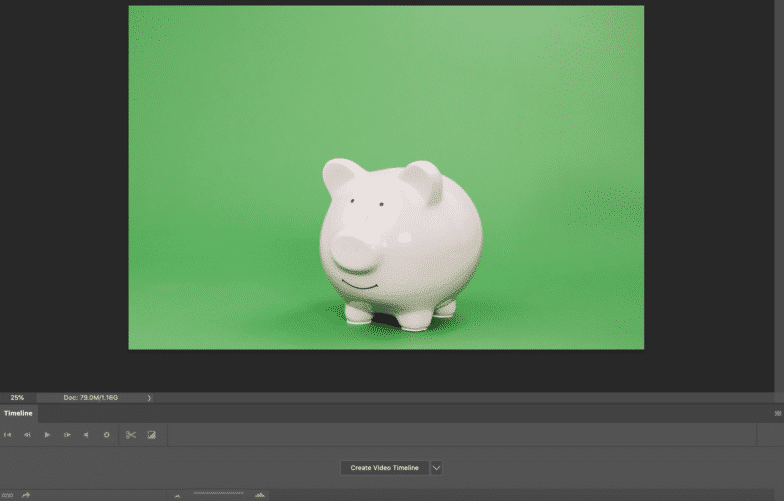 screenshot of piggy bank in photoshop and below it, the timeline window open
