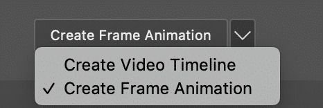screenshot of options: create video timeline and create frame animation. create frame animation is selected
