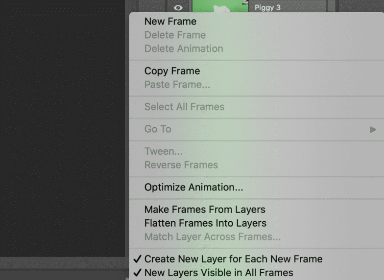Screenshot of the menu button in the timeline window and "create new layer for each new frame" is selected