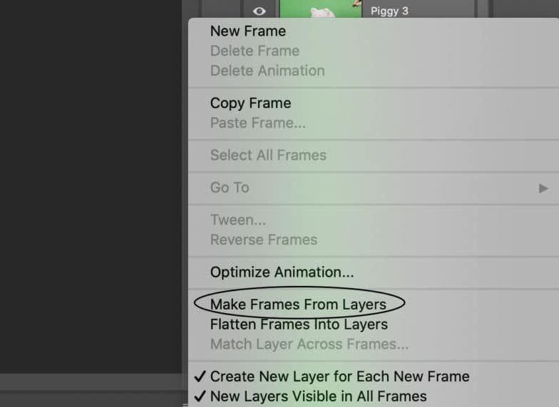 screenshot of menu option in the timeline window with "make frames from layers" circled.