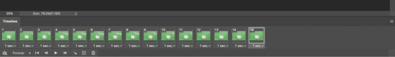 Screenshot of 15 frames in the timeline window with the final frame highlighted