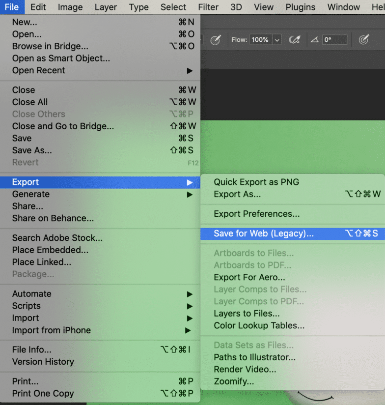 Screenshot of file > Export > save for web option highlighted