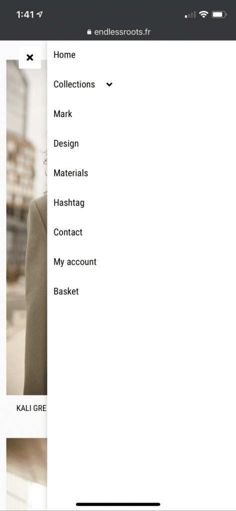 The same area of Endless Roots site, this time with a righthand menu open and showing options including a dropdown of labeled Collections, Design, Materials, Contact, My Account, Basket, and more