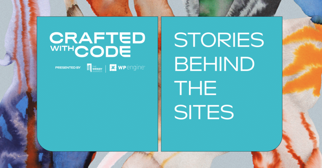 promotional image shows two light blue squares on a colorful abstract background. The first square reads "Crafted With Code" and shows the WP Engine and Webby Awards logos. The second square reads "Stories Behind The Sites"