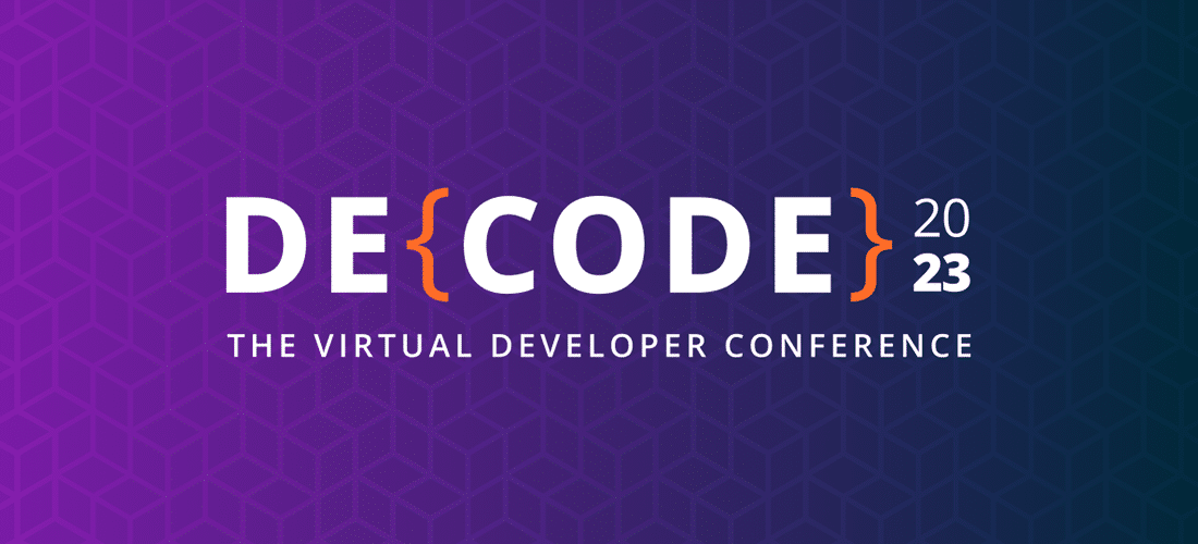 DE{CODE} 2023 logo beneath the WP Engine logo with the tagling The Virtual Developer Conference on a textured purple background