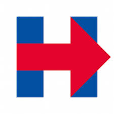 Hillary Clinton H logo as it appeared for the majority of her campaign, with two blue pillars on the sides crossed with a red arrow to complete the letter