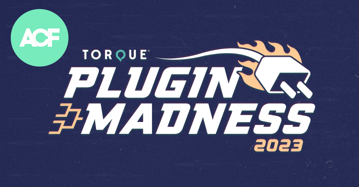 Plugin Madness promotional image for 2023 with ACF logo in the top lefthand corner