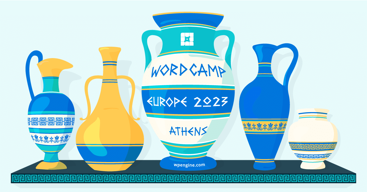 cartoon imitations of ancient Athenian vases in WP Engine brand colors. The vase in the middle reads WordCamp Europe 2023, Athens