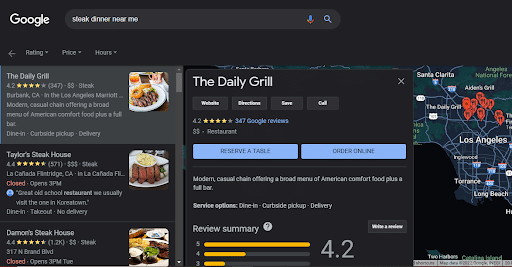 search results for "steak dinner near me" bring up results in California, including restaurants called "The Daily Grill," "Taylor's Steak House," and "Damon's Steak House"