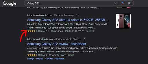 search results for "Samsung Galaxy S22 Ultra" use rich snippets to showcase a 3.5 star rating, the price of the item, and show that it has 155 reviews
