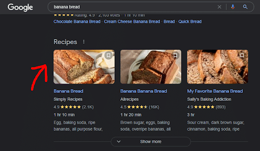 Search results for "banana bread" using schema markup to show a star rating for each recipe as well as cooking time and the first few ingredients on the list