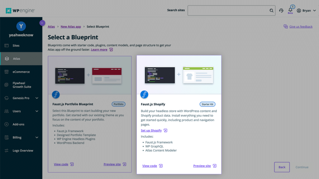 WP Engine's Shopify Blueprint in the Atlas Portal