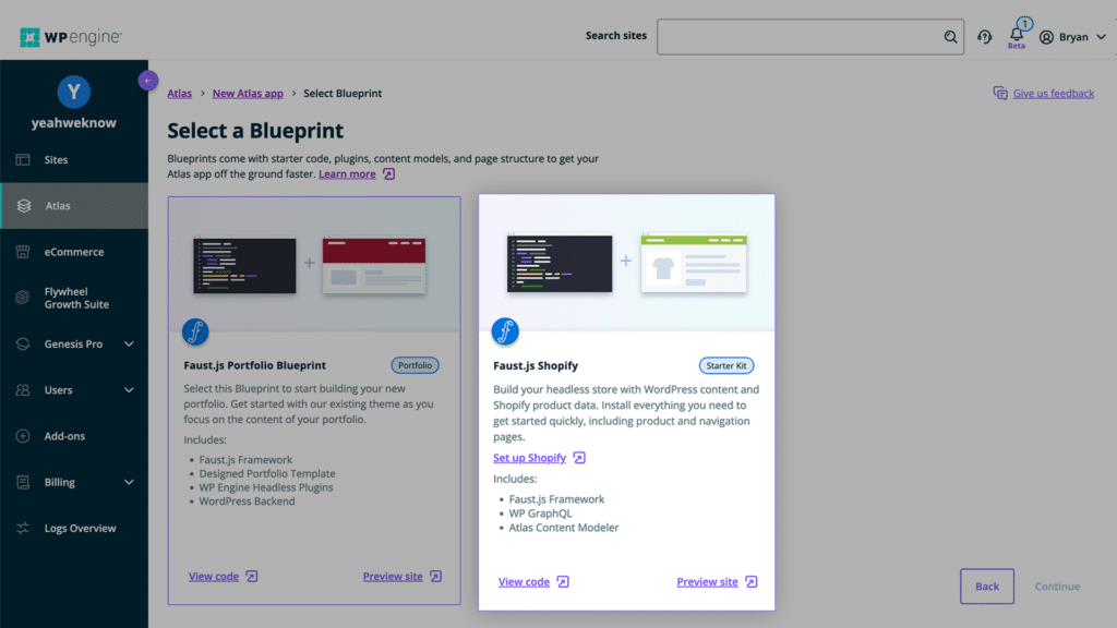 WP Engine's Shopify Blueprint in the Atlas Portal 