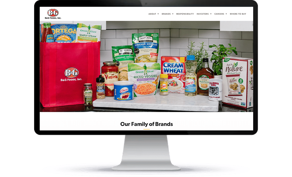 B&G Foods' wesbite homepage - showing its Family of Brands, including Ortega, Green Giant, Crisco, and more.