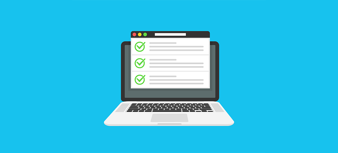 The Essential WordPress Performance Checklist. Image shows a computer icon displaying a list of green checkmarks on a blue background