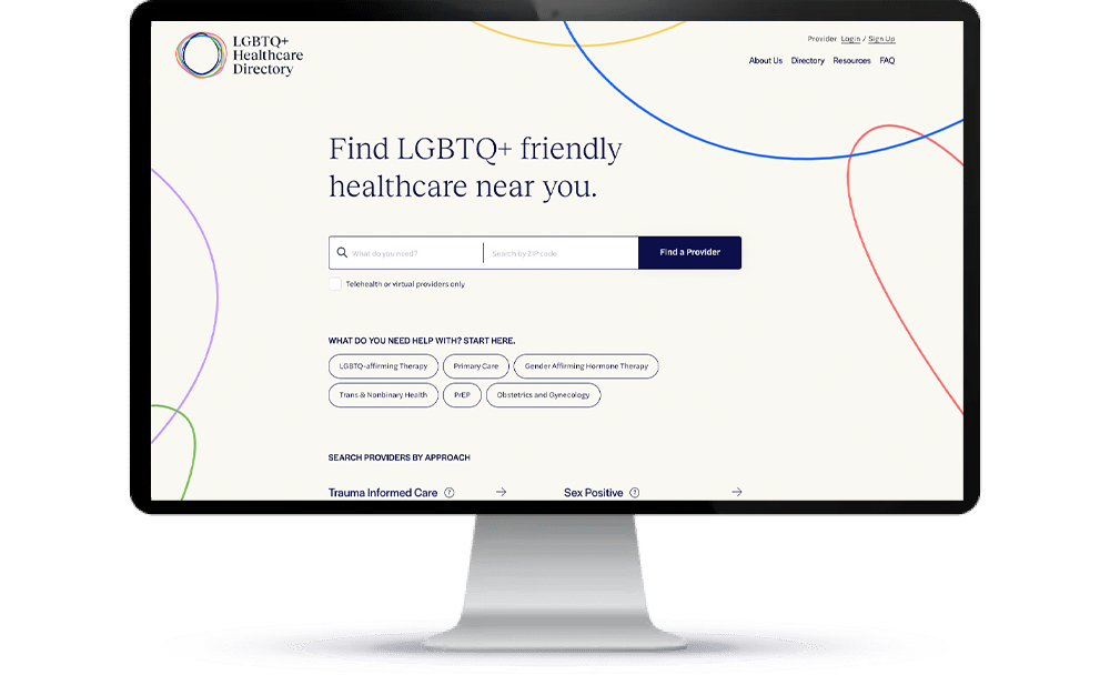 the LGBTQ+ Healthcare Directory displayed on a Mac desktop