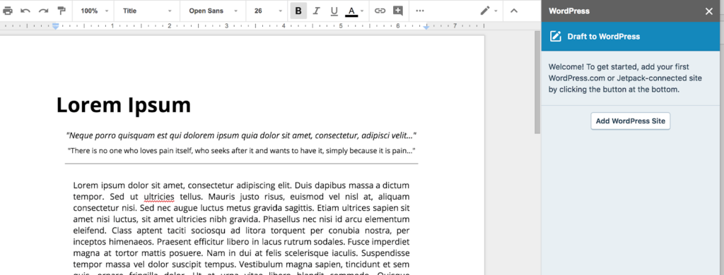 How to Integrate Google Docs with WordPress. A draft in Google Docs with the Add WordPress Site button on the right side of the page