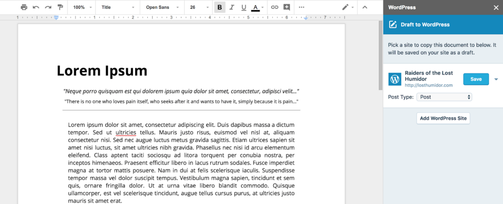 How to Integrate Google Docs with WordPress. A draft in Google Docs with "Post" selected as the Post Type in the right hand column