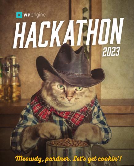 The image depicts a cowboy cat eating beans from a can. Image text: Hackathon 2023, Meowdi, buddy. Let's cook!