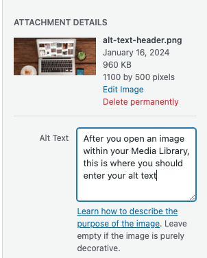 a selected image within a WordPress website's media library that shows where a user should enter alt text