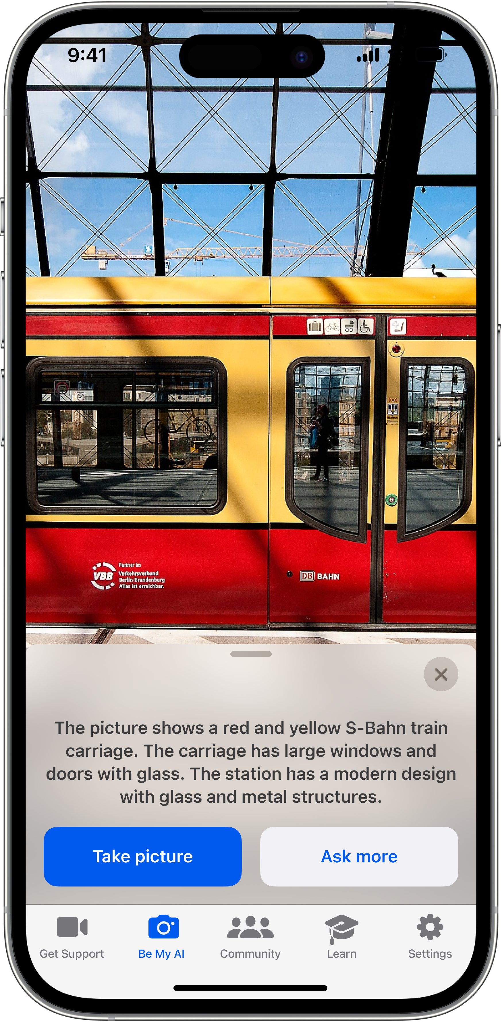 image showing BeMyAI, a digital visual assistant that provides detailed audio descriptions of photos taken on iOS and Android devices.
