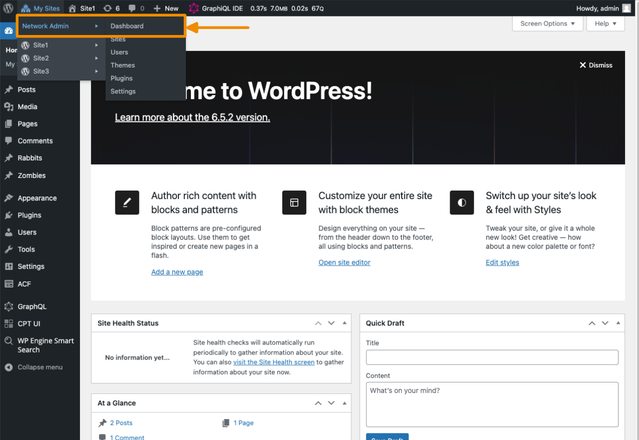 WordPress multisite network admin dashboard link