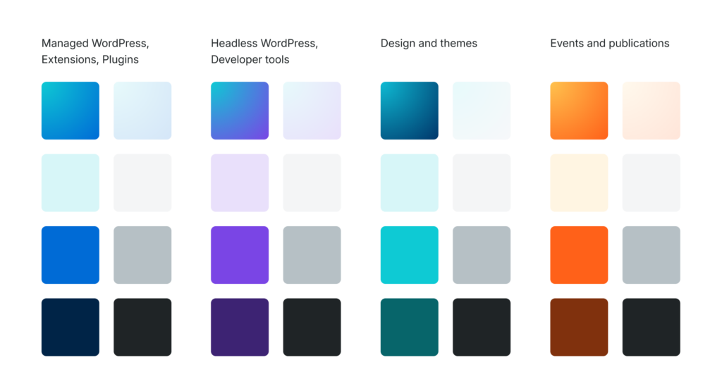 We’ve strategically applied our color palette to make each brand's unique qualities easily identifiable and highlight their connection to our broader suite of WordPress solutions.