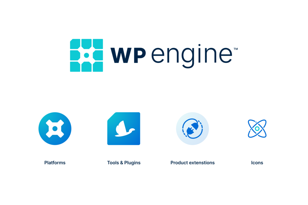 The platforms, tools, and features WP Engine proudly offers its customers are represented by different shapes within the iconic WP Engine cog.
