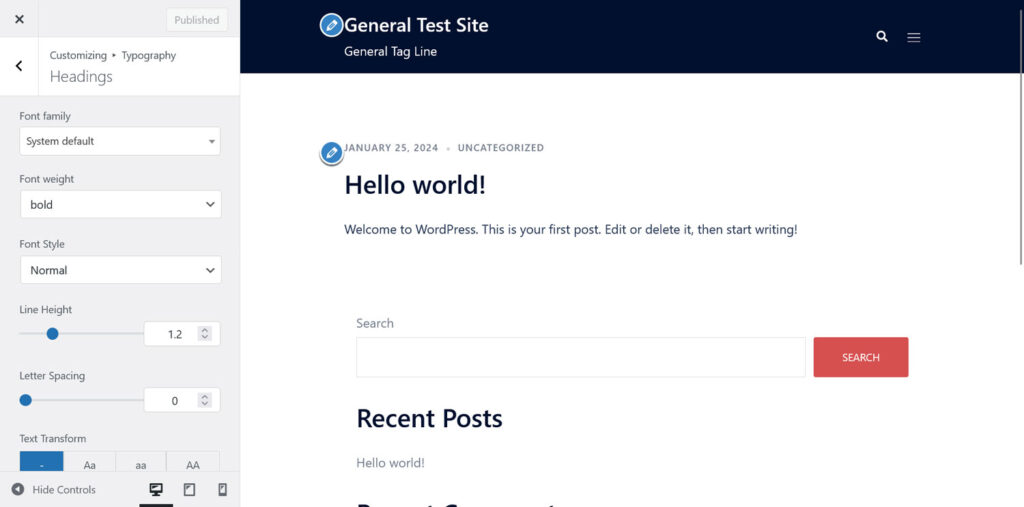 Typography customizer within WordPress dashboard