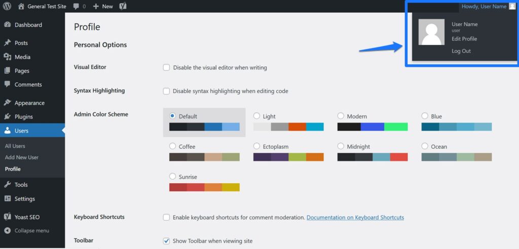 Profile page under User menu within WordPress dashboard