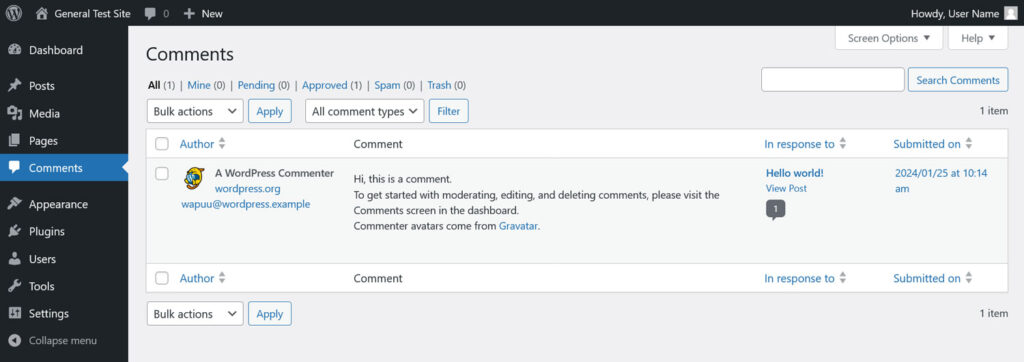Comments menu within WordPress dashboard
