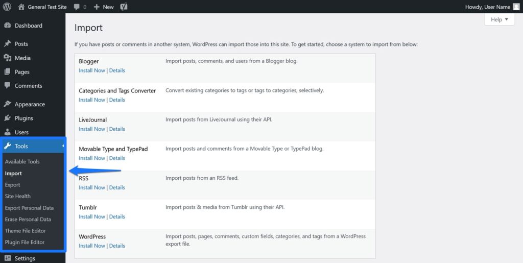 Tools menu within WordPress dashboard