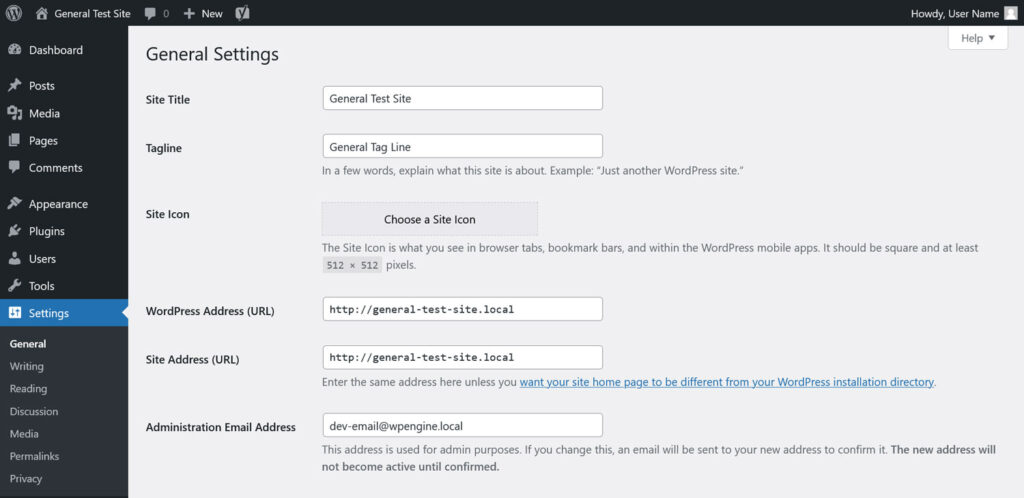 General settings within WordPress dashboard