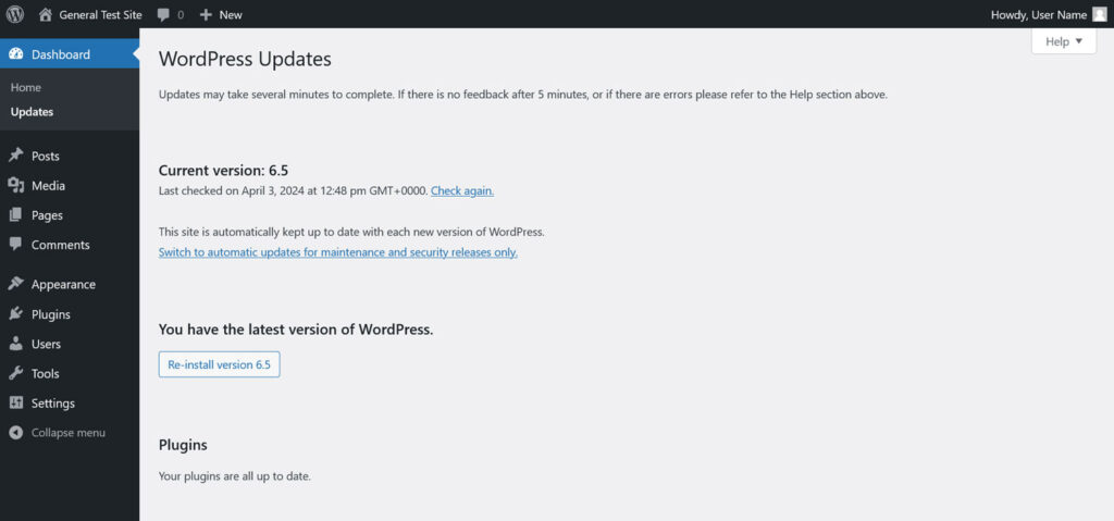 WordPress dashboard > updates