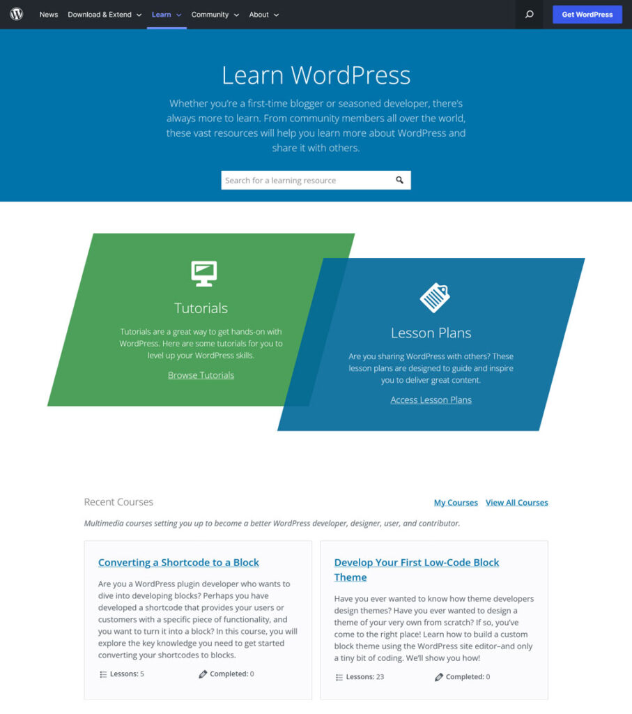 WordPress.org Learn page